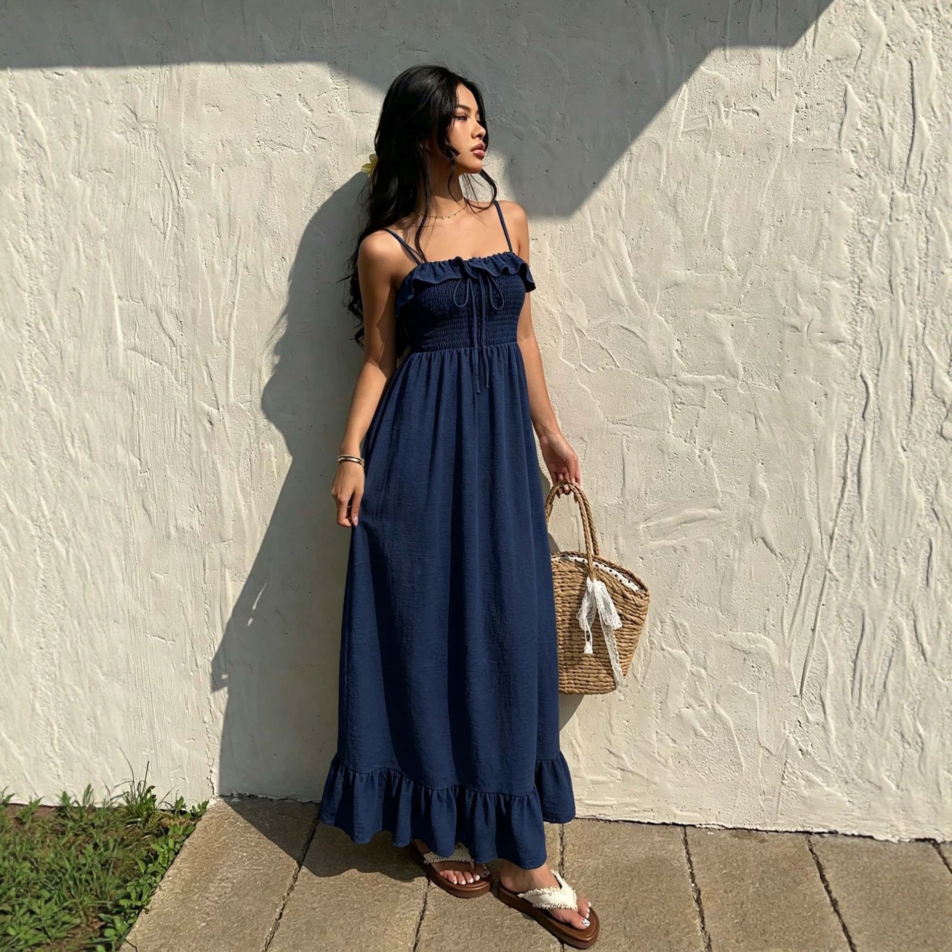 Ruffled Spaghetti Straps Dress Women Summer Tight Waist Slim Backless Long Vacation