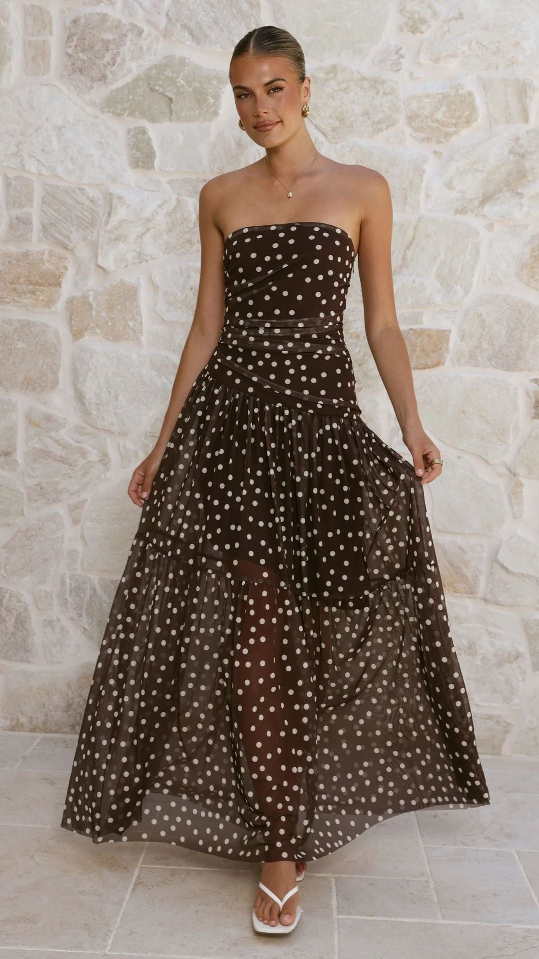 Goods Summer Polka Dot Print Wrapped Chest off Shoulder Mesh Maxi Dress Bella Mia