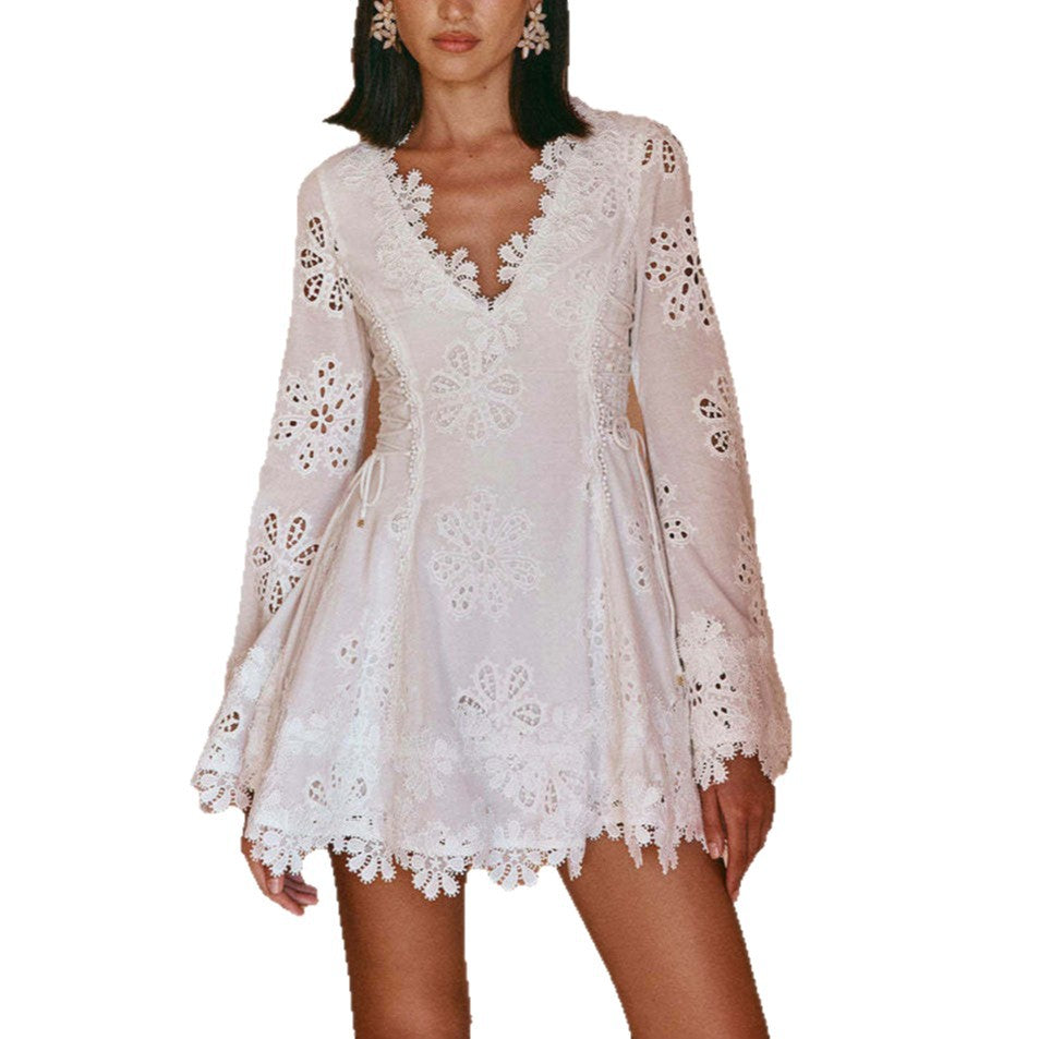 Long Sleeve Tied Lace V neck Slim Fit Dress Bella Mia