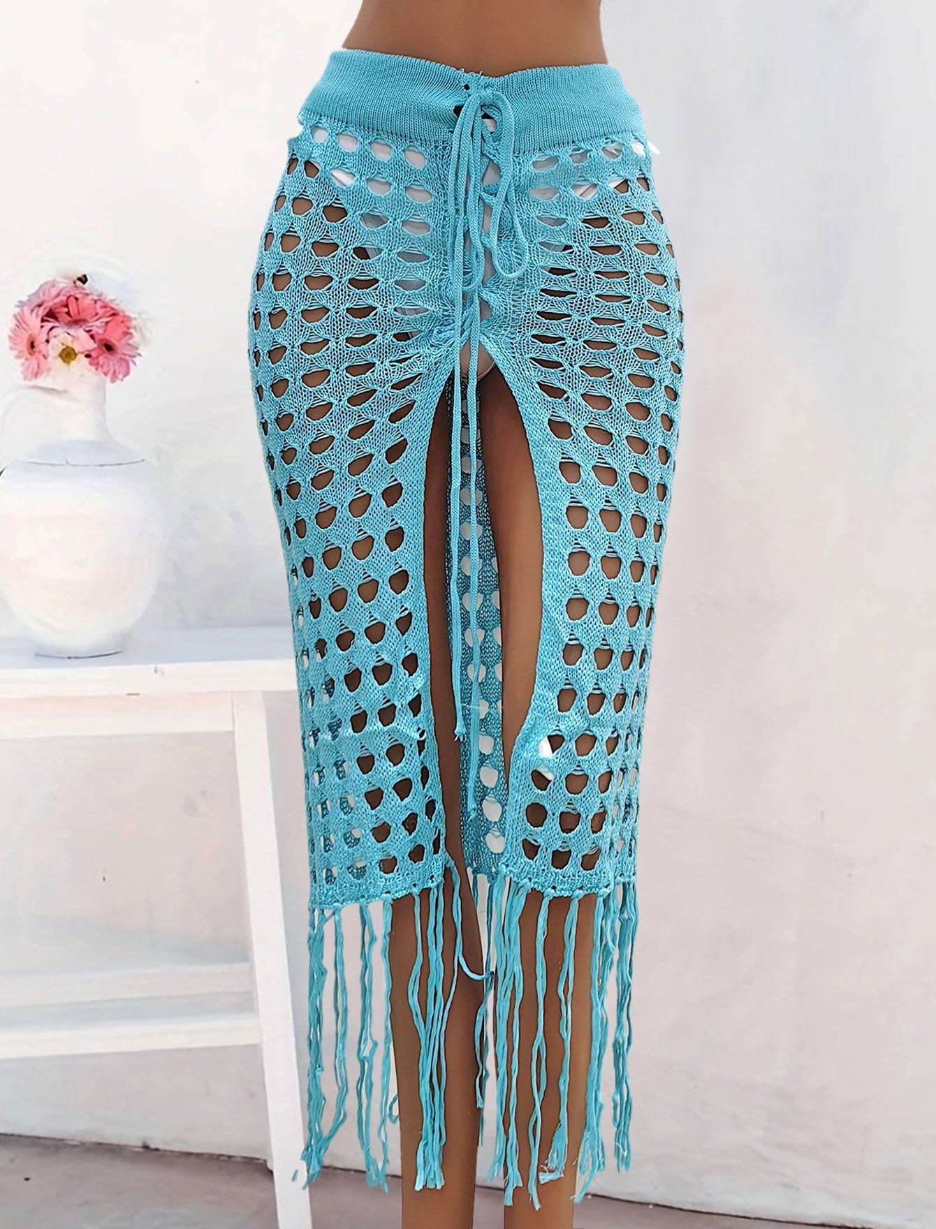 Women Clothing Sexy Cutout Woven Lace up Tassel Dress Split Beach Skirt Bella Mia