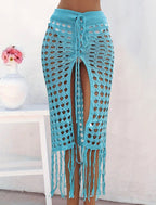 Women Clothing Sexy Cutout Woven Lace up Tassel Dress Split Beach Skirt Bella Mia