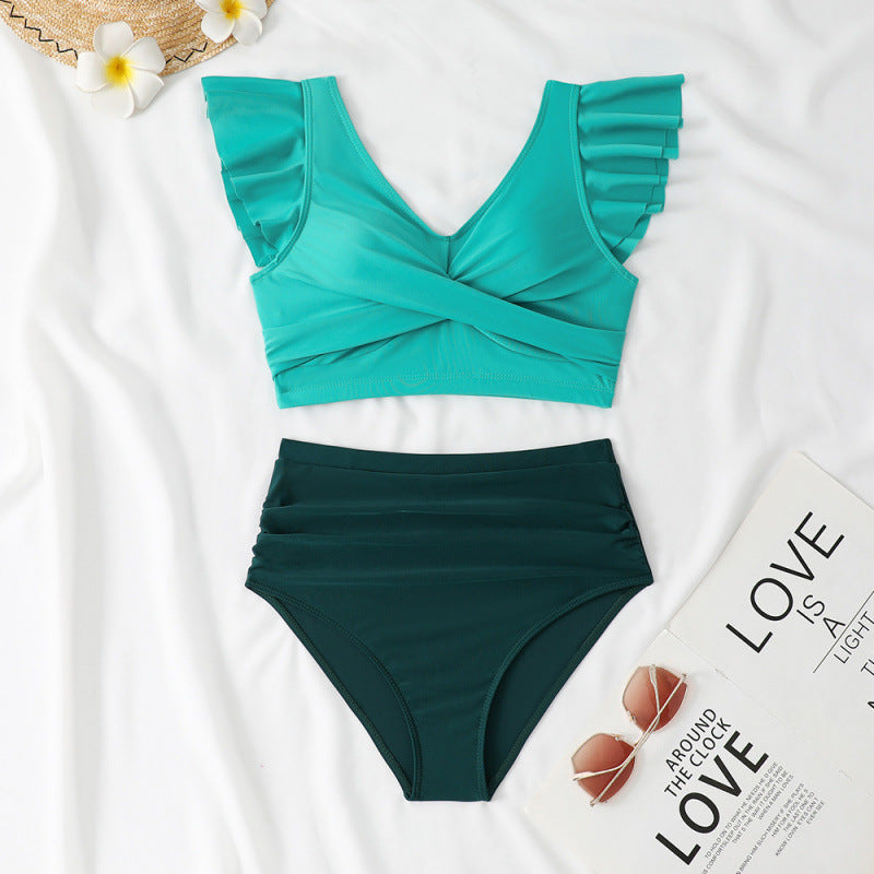 Split Swimsuit Slim Fit V Collar Contrast Color Ruffled Stitching Women Swimsuit Bikini Bella Mia