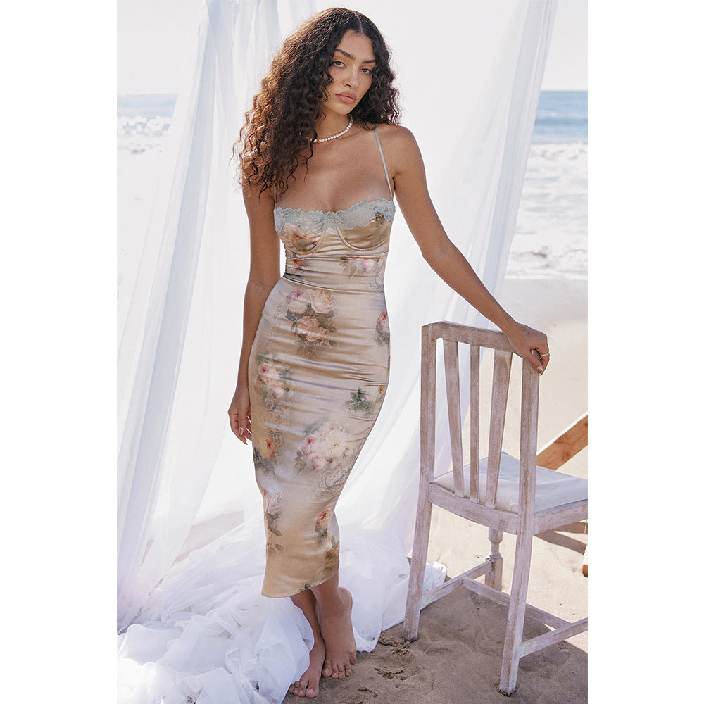 Women Clothing Sexy Lace Cami Dress Backless Sheath High Waist Midi Dress Printed Dress for Women Bella Mia