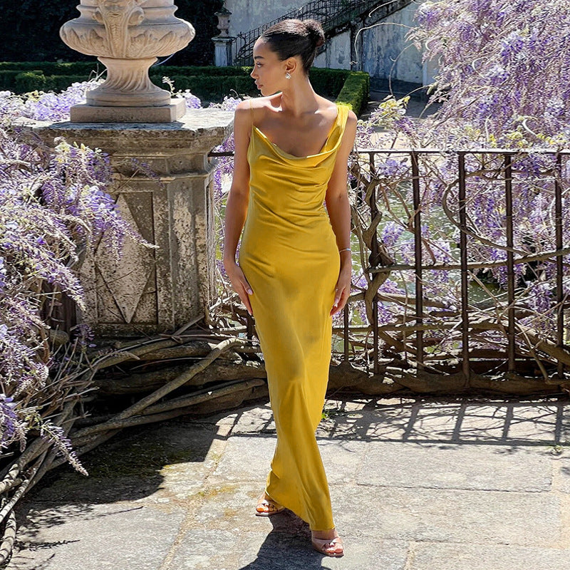 Sling Pockets Collar Sexy Backless Satin Formal Dress Elegant Evening Dress Bella Mia