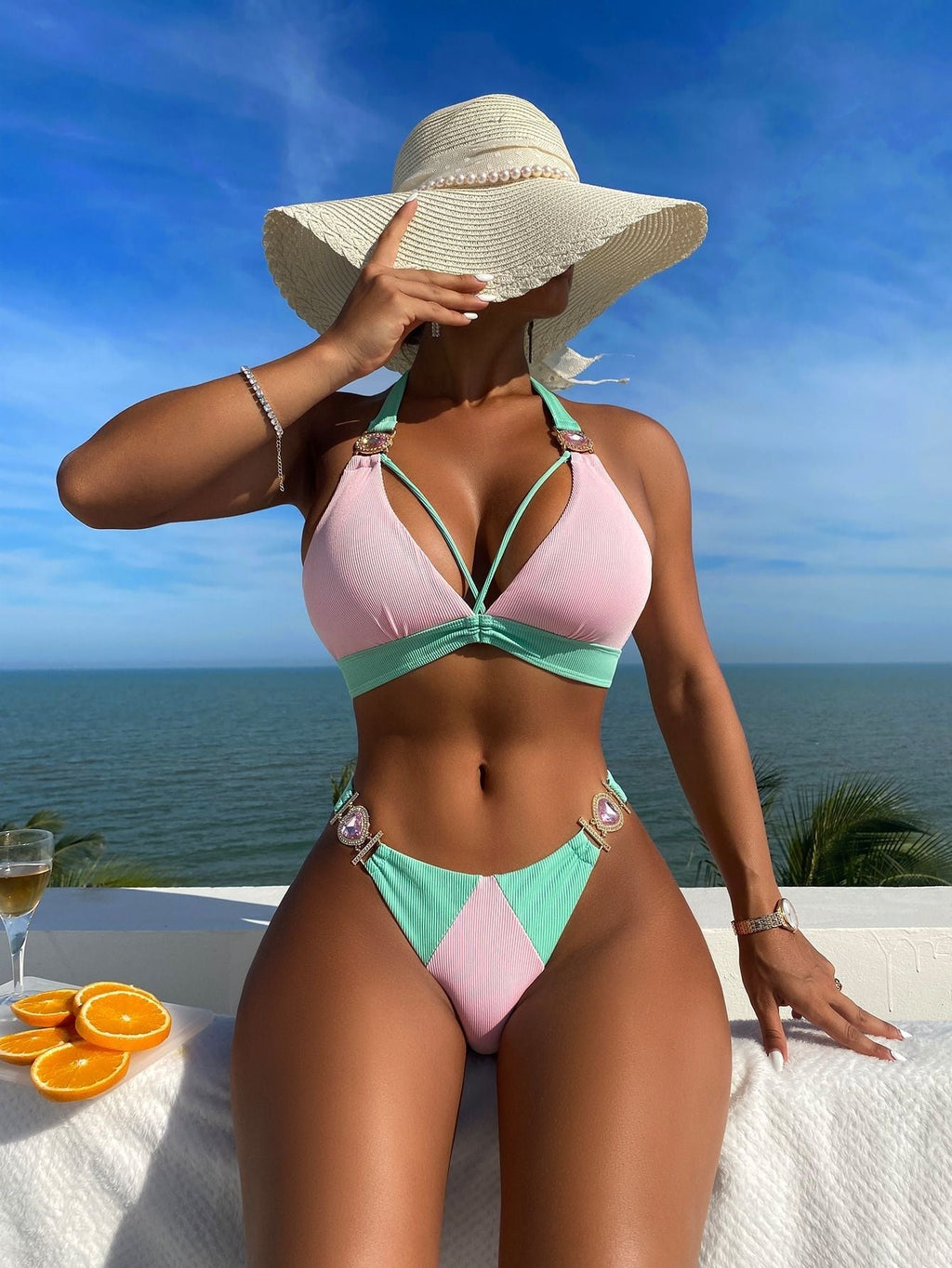 Color Matching Lace up Sunken Stripe High Waist Bikini Sexy Split Swimsuit Bella Mia