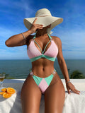 Color Matching Lace up Sunken Stripe High Waist Bikini Sexy Split Swimsuit Bella Mia