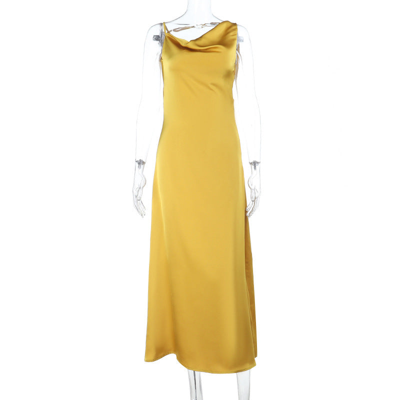 Sling Pockets Collar Sexy Backless Satin Formal Dress Elegant Evening Dress Bella Mia