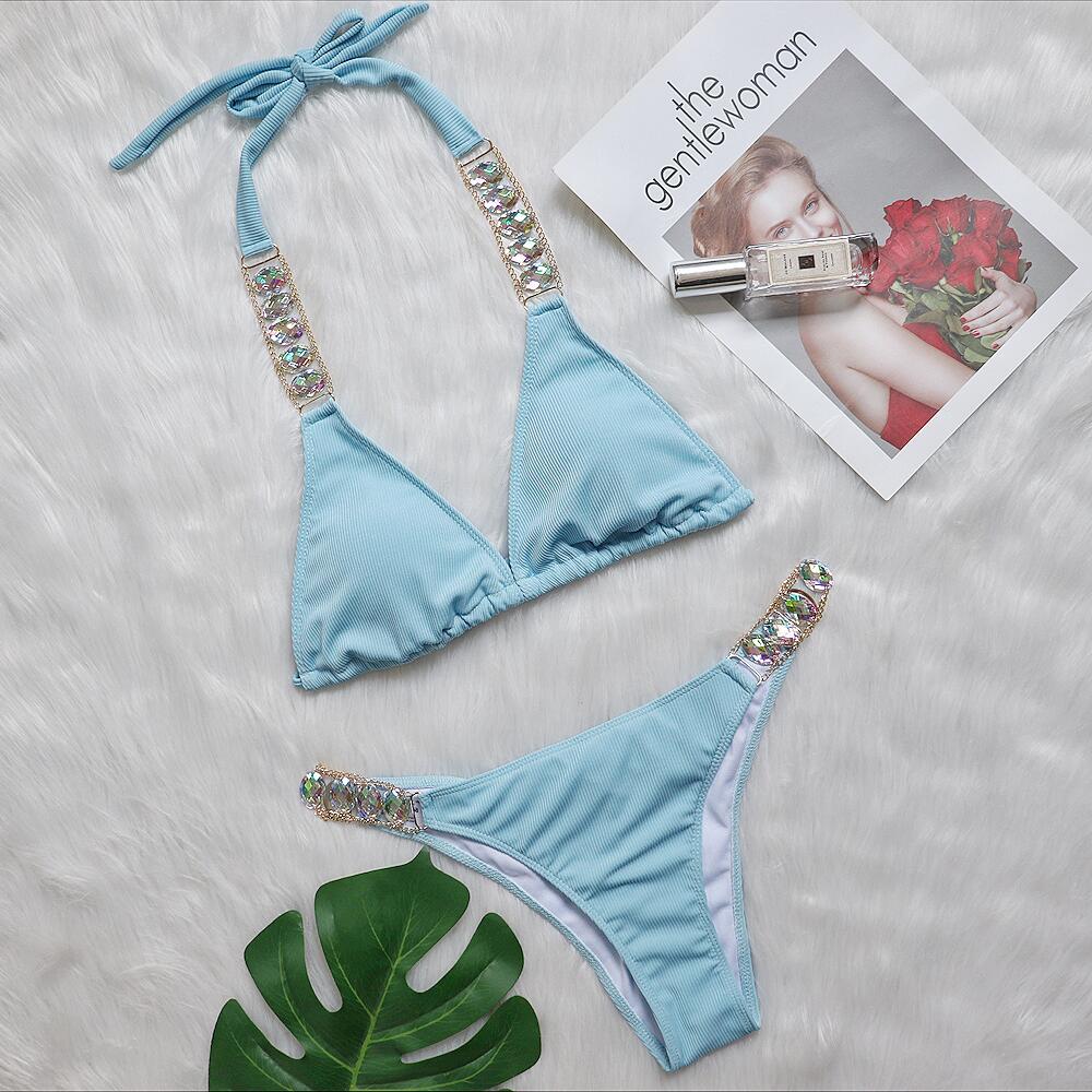 Bikini Plain Women Split Strap Luxury Diamond Swimsuit Sexy Metal Chain Accessories Swimwear Bella Mia