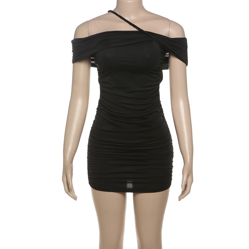 Winter Women Clothing Sexy Solid Color Pleated off Shoulder Collar Tube Top Package Hip Dress Bella Mia