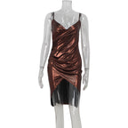 Sexy Women Clothing Tight Figure V neck High Grade Bronzing High Waist Slit Hip Spaghetti Straps Dress Bella Mia