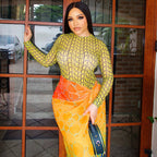 Stitching Women Printed Slim Fit Pleated Hip round Neck Long Sleeve Split Dress Bella Mia