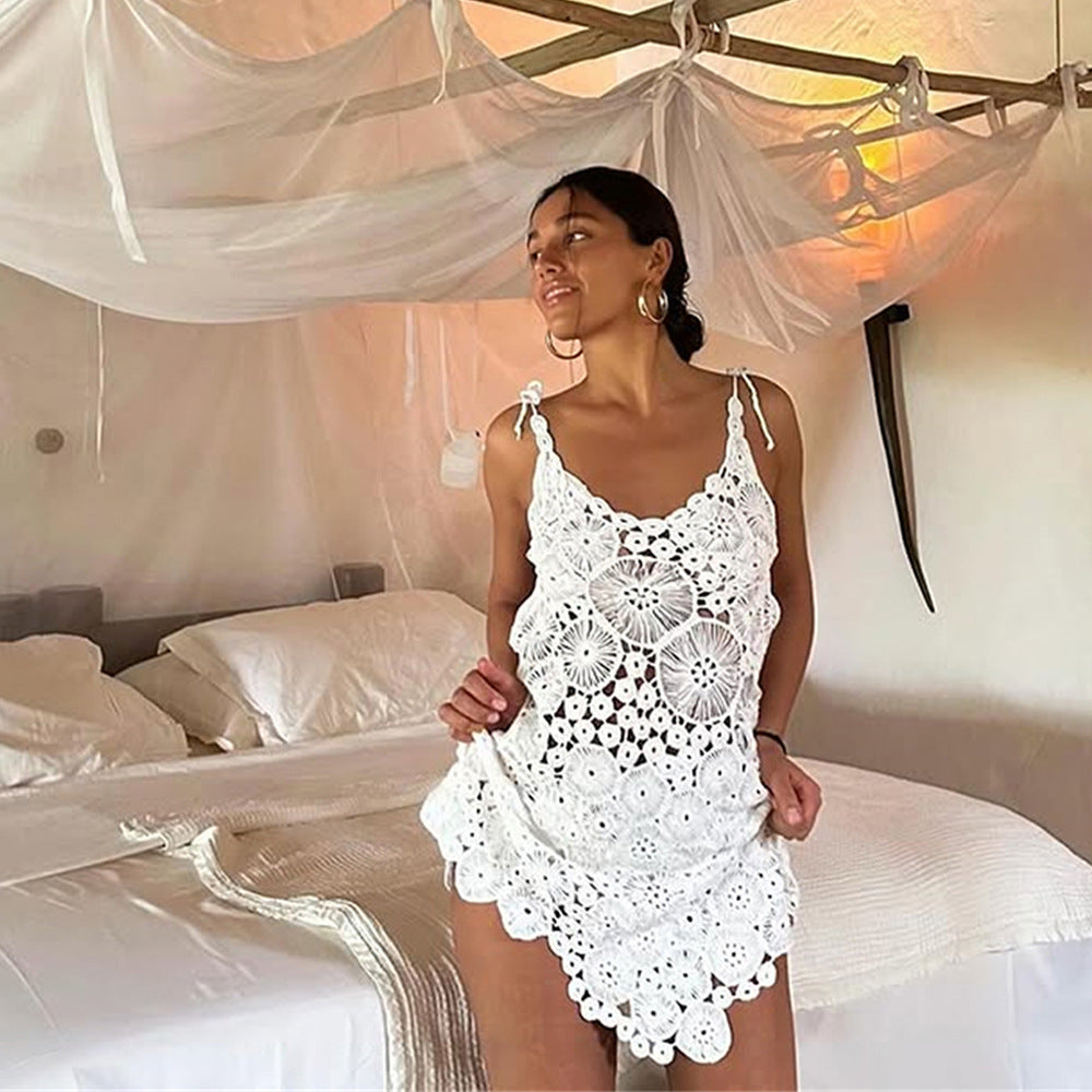 Summer Sexy Lace Cutout Solid Color Crochet Beach Cover up Dress Women Bella Mia