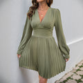 Autumn Retro V neck Long Sleeve Solid Color Pleated Women Clothing Dress Bella Mia