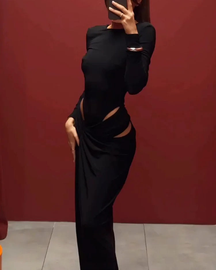 Women Clothing Spring Graceful Fashionable Long Sleeve Hollow Out Cutout Solid Color Dress Bella Mia