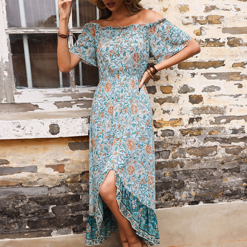 Arrival Summer Floral Blue off-Neck French Retro Dress