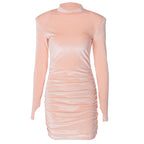 Women Clothing Winter Slim Pleated round Neck Long Sleeve Split Dress Bella Mia