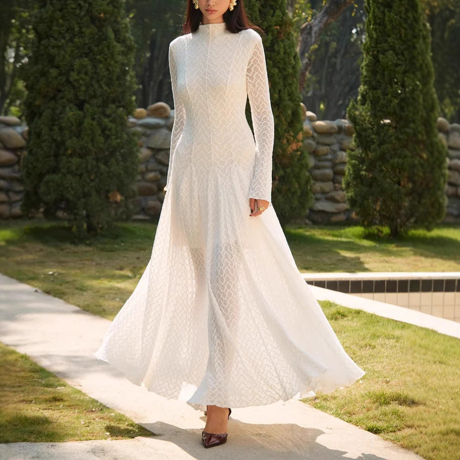 Autumn Winter Niche Design Beautiful Lace Slim Fit Slimming Wide Hem Maxi Dress Women Bella Mia