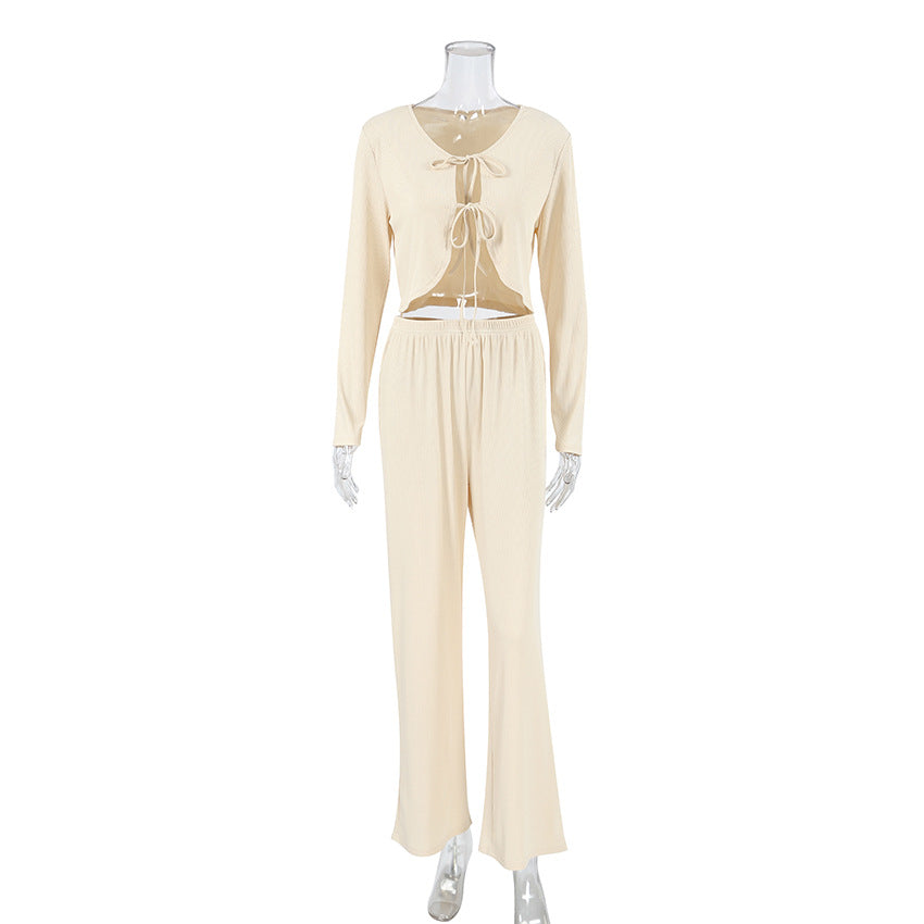 Autumn Winter Long Sleeve Lace up Trousers Two Piece Pajamas Knitted Sunken Stripe Ladies Homewear Bella Mia