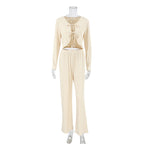 Autumn Winter Long Sleeve Lace up Trousers Two Piece Pajamas Knitted Sunken Stripe Ladies Homewear Bella Mia