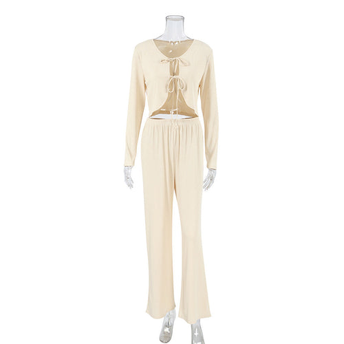 Autumn Winter Long Sleeve Lace up Trousers Two Piece Pajamas Knitted Sunken Stripe Ladies Homewear Bella Mia
