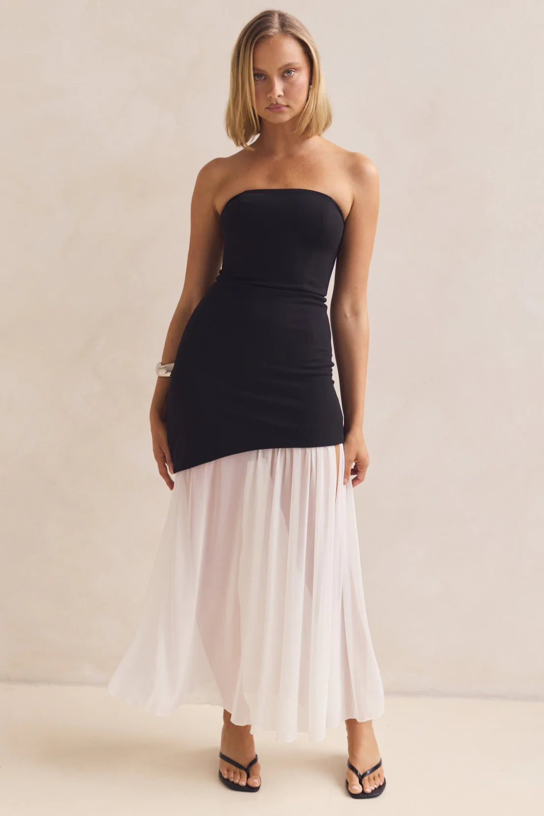 Elegant Sexy Tube Top Package Hip Mesh Stitching Solid Color Dress Long Bella Mia
