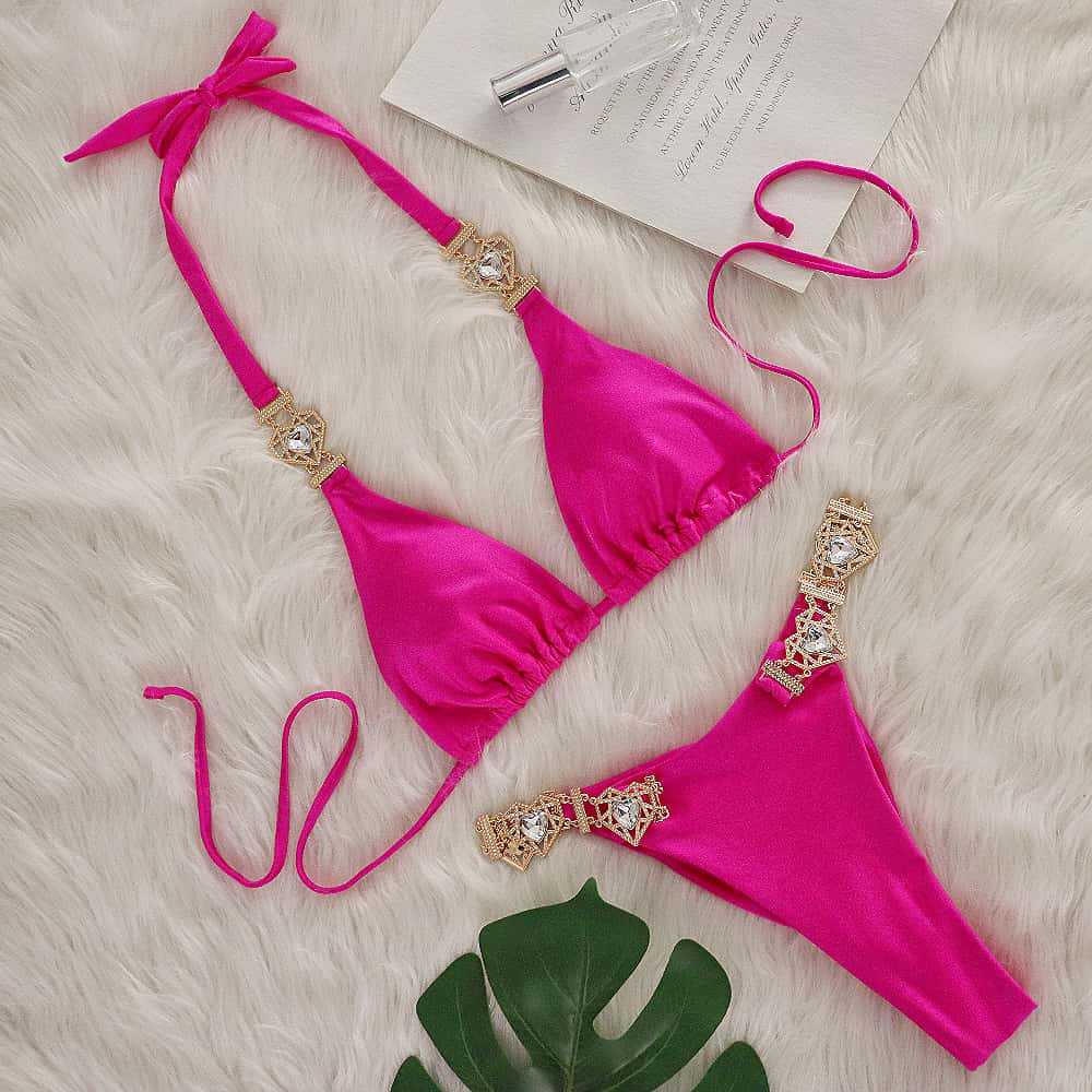 Women Sexy Solid Color Diamond Bikini Bandage Split Swimsuit Multicolor