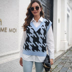 Houndstooth V-neck Vest Sweater Women Vest Outer Wear Inner Wear Autumn Winter Knitwear Sweater Boucle Bella Mia
