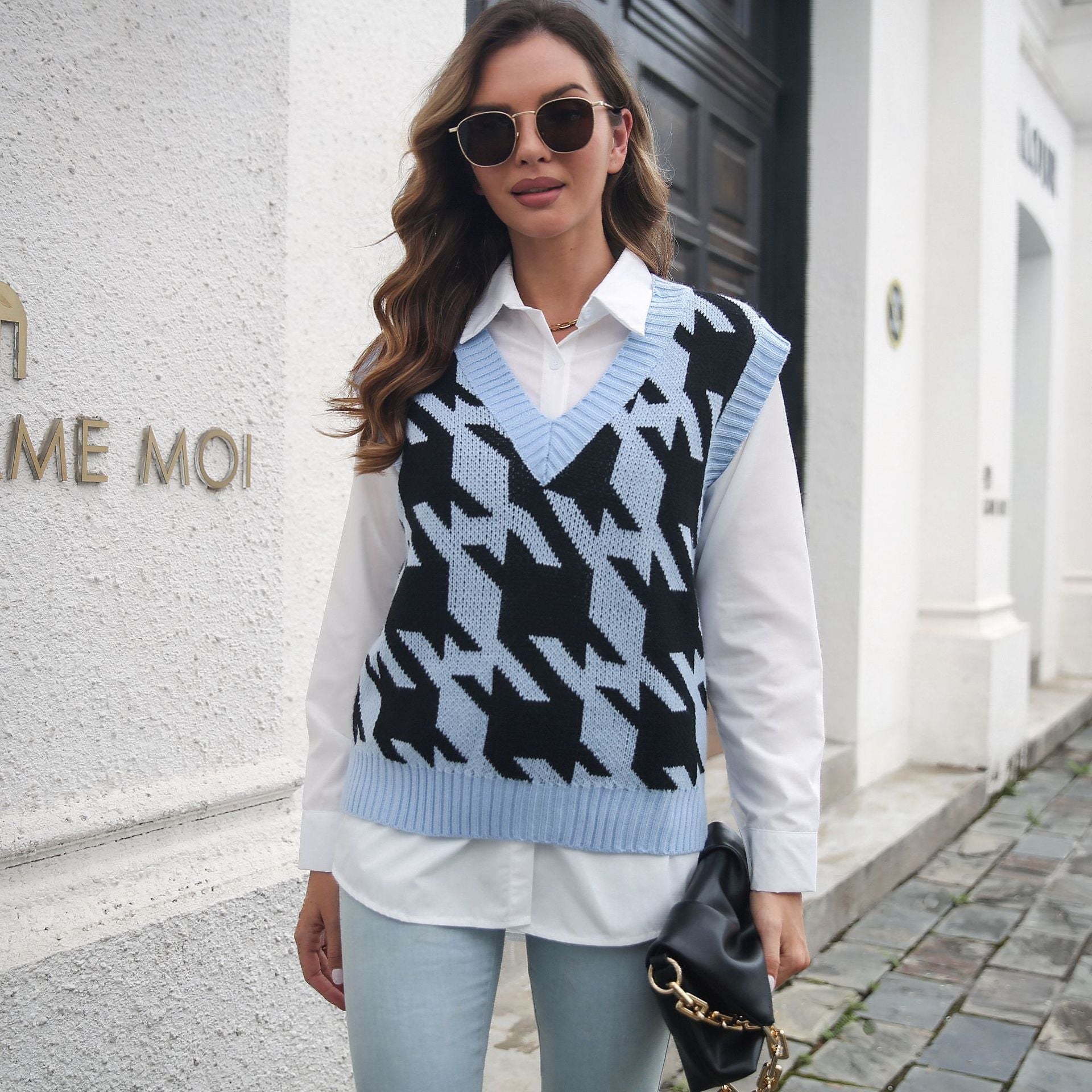 Houndstooth V-neck Vest Sweater Women Vest Outer Wear Inner Wear Autumn Winter Knitwear Sweater Boucle Bella Mia