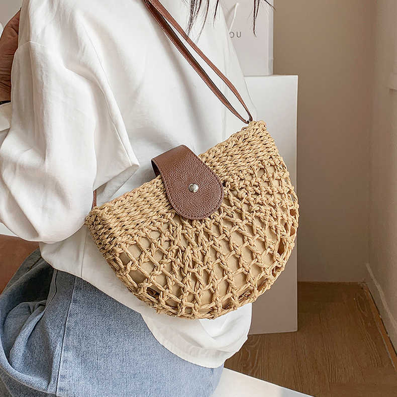 Fresh Hollow Out Cutout Semicircle Straw Bag Shoulder Crossbody Casual Straw Bag Woven Bag Vacation Beach Bag Bella Mia