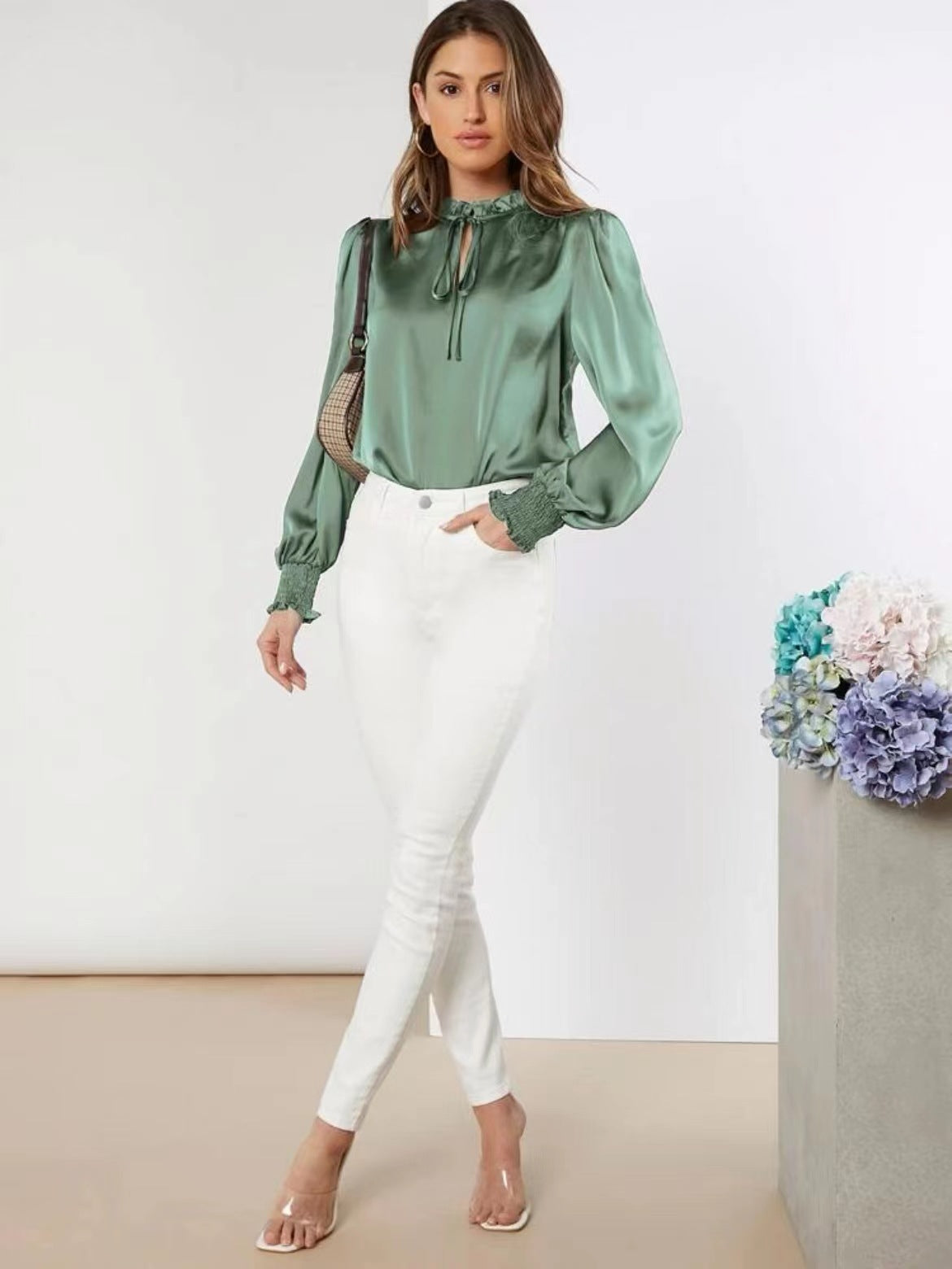 Women Shirt Autumn Arrival Elegant Solid Color Round Neck Long Sleeve Lace up Straight Satin Blouse Bella Mia