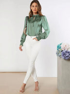 Women Shirt Autumn Arrival Elegant Solid Color Round Neck Long Sleeve Lace up Straight Satin Blouse Bella Mia