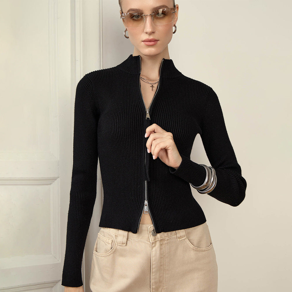 Stand up Collar Slim Fit Long Sleeved Coat Autumn Winter Double Zipper Cardigan Thermal Knitting Coat for Women Bella Mia