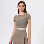 Faux Two Piece Mesh Sports T shirt Women Short Sleeve with Chest Pad Yoga Clothes Cropped Top Quick Drying Slimming Fitness Bella Mia