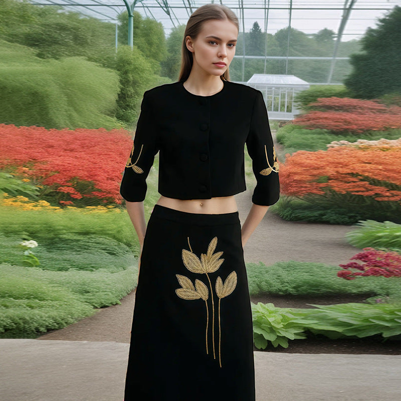 Spring Dignified Floral Machine Embroidery Top High Waist Floral Skirt Two Piece Sets Women Bella Mia