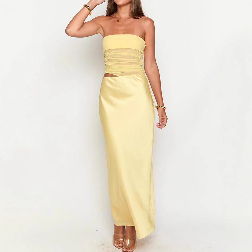 Sexy Tube Top Hollow Out Cutout Backless Yellow Dress French High Grade Satin Dress Sexy Summer Beautiful Dress Bella Mia