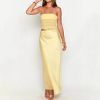 Sexy Tube Top Hollow Out Cutout Backless Yellow Dress French High Grade Satin Dress Sexy Summer Beautiful Dress Bella Mia