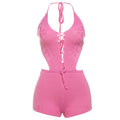 Women Clothing Spring Summer Knitted Sexy Cutout Solid Color Halter Lace up Backless Siamese Shorts Women Bella Mia