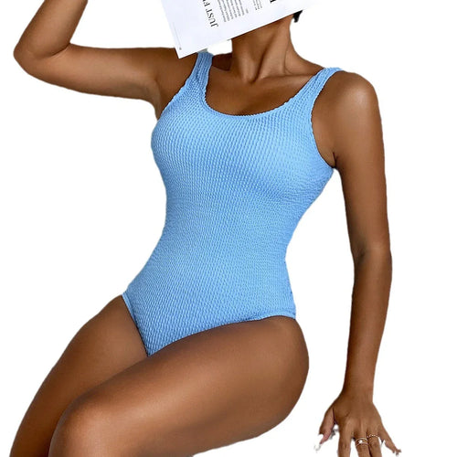 2024 European and American Export New Wrinkled Fabric Special Fabric Multi-Color Candy Color One-Piece Women's Swimsuit Conservative Swimsuit