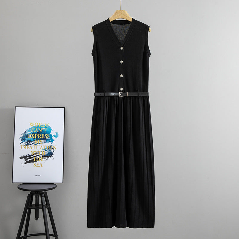 Summer Wear French Sleeveless Knitted Vest Pleated Elegant Dress Belt Cinched Slimming Maxi Dress Women