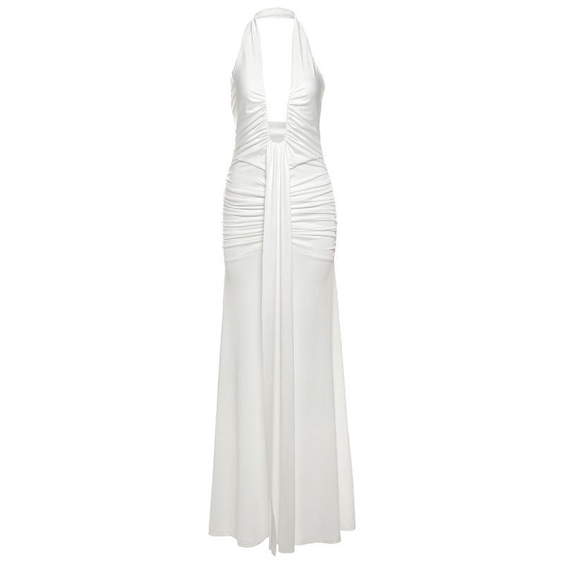 Spring Summer Women Elegant Sexy Deep V Plunge neck Halter Slim Pleated Dress Women Bella Mia