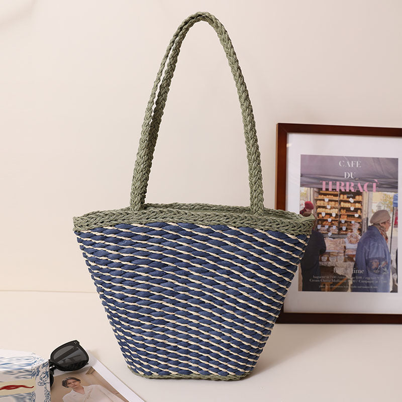 Special Interest Design Contrast Color One Shoulder Straw Bag Simple Twill Woven Tote Women Seaside Vacation Beach Bag Bella Mia