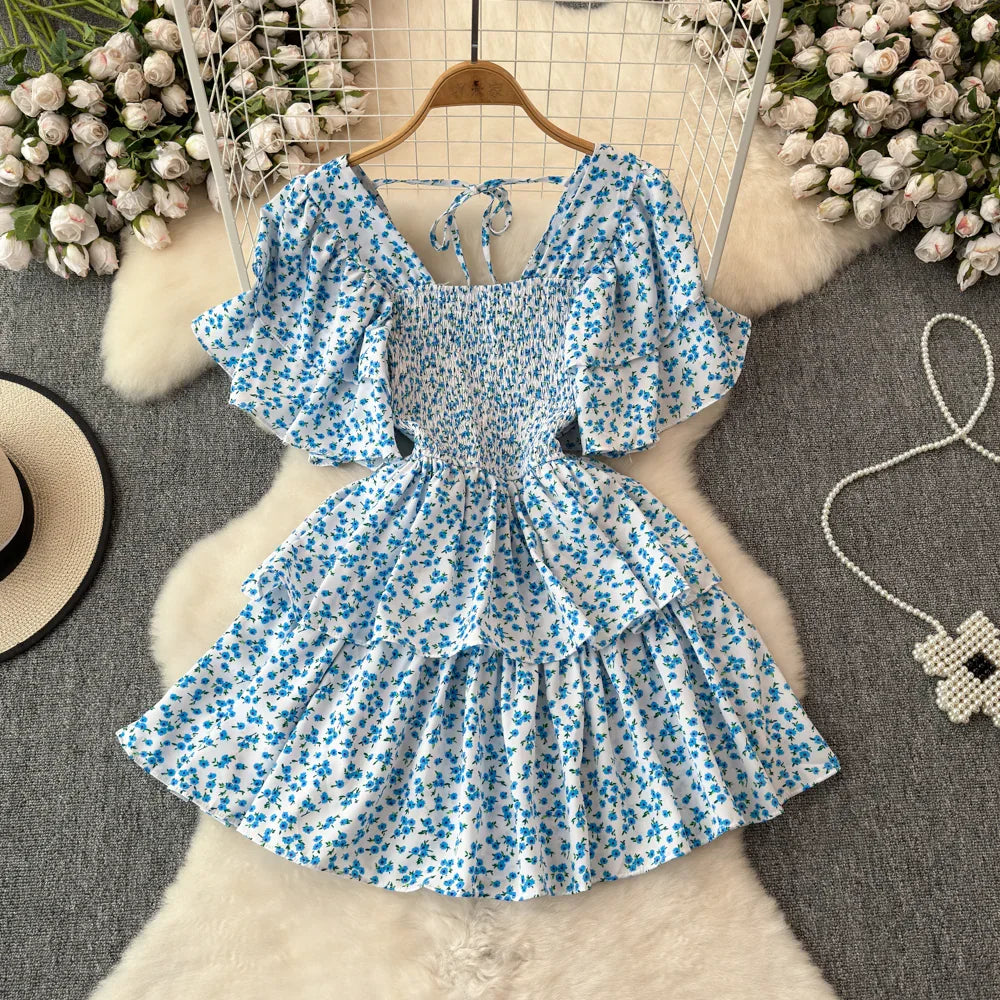 Design Summer Ruffle Sleeve Retro Pleated Floral Skirt