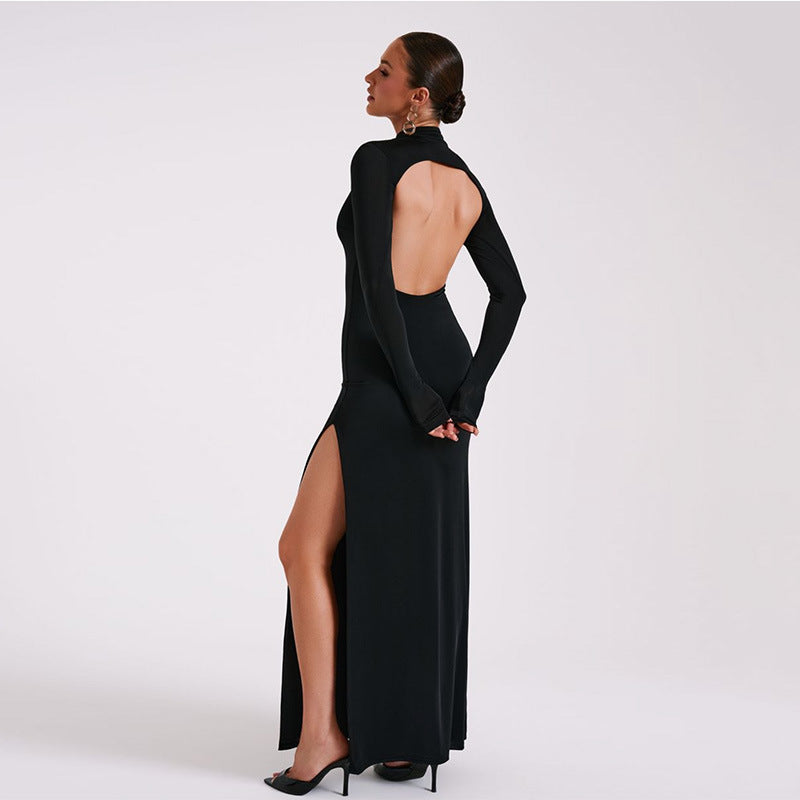 Spring Women Long Sleeve High Neck Sexy Backless Slit Maxi Dress Dress Bella Mia