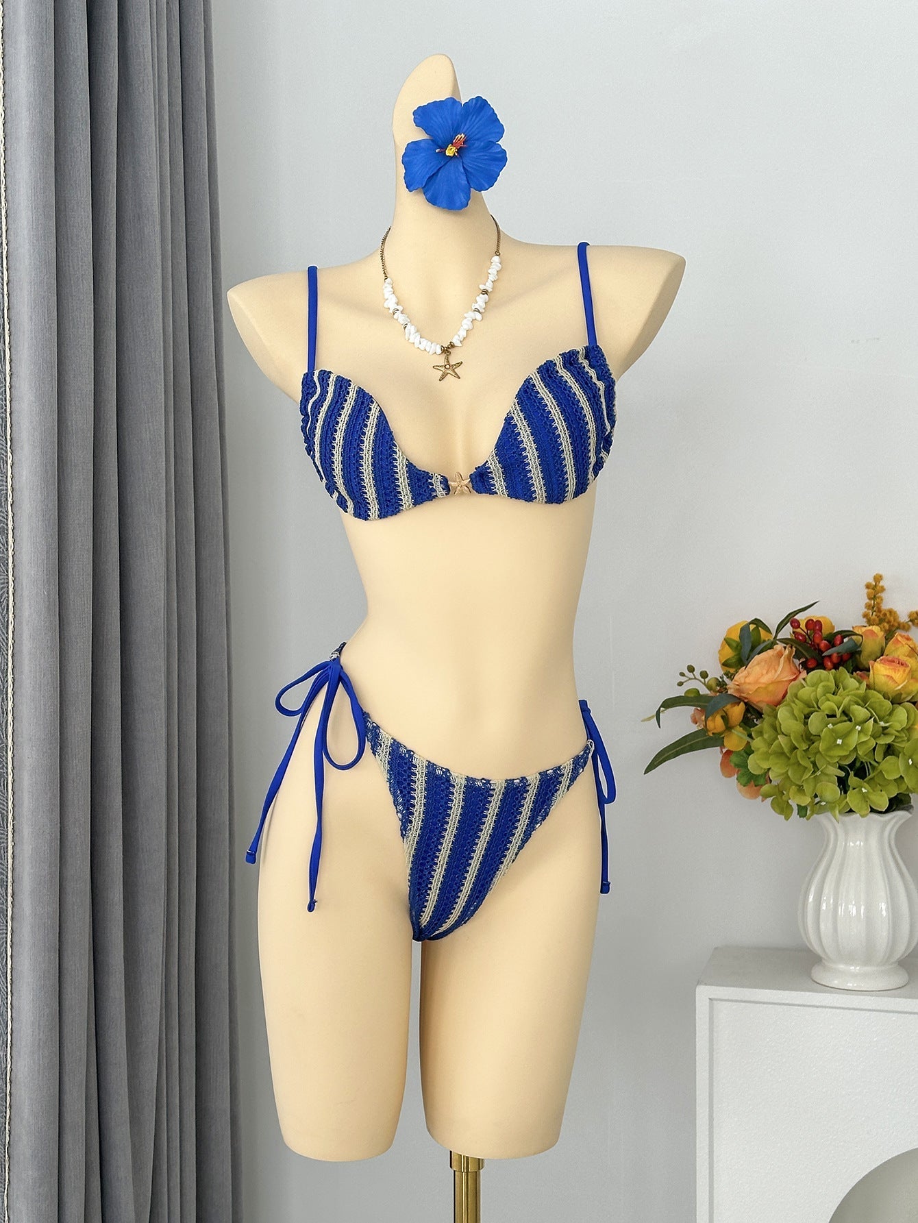Sexy Striped Halter Lace up Beach Vacation Tube Top Bikini Split Swimsuit Bikin Bella Mia