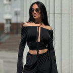 Women Clothing Fall Sexy off Shoulder Solid Color Cropped Hollow Out Cutout out Tied Long Sleeve T shirt Top Bella Mia