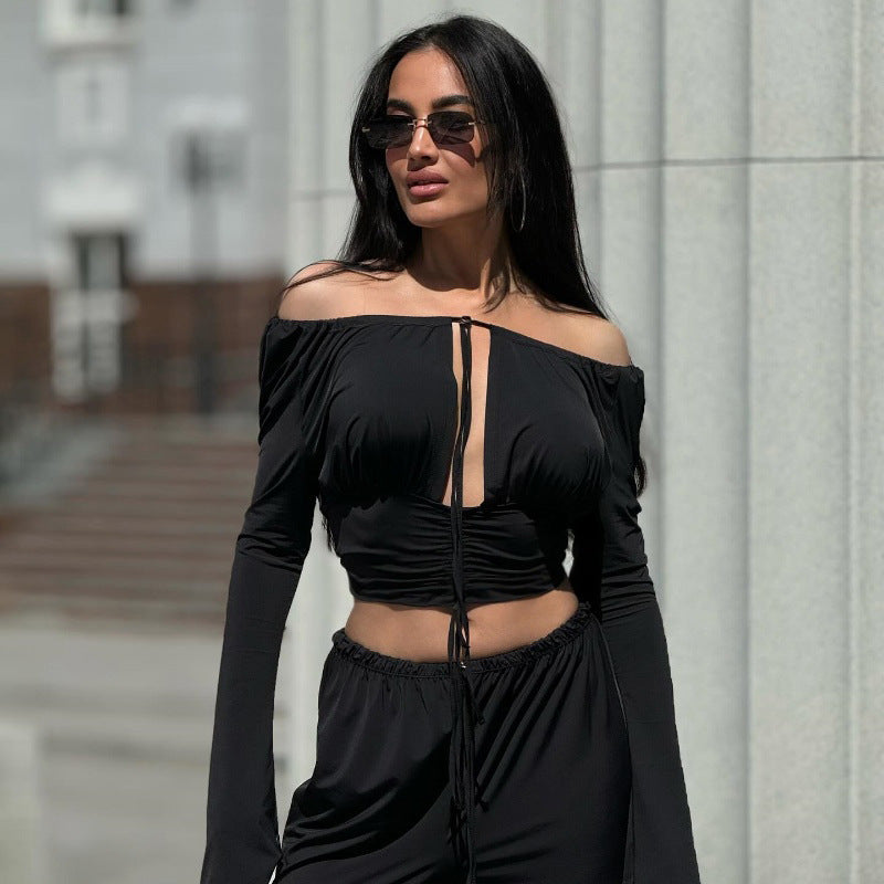 Women Clothing Fall Sexy off Shoulder Solid Color Cropped Hollow Out Cutout out Tied Long Sleeve T shirt Top Bella Mia