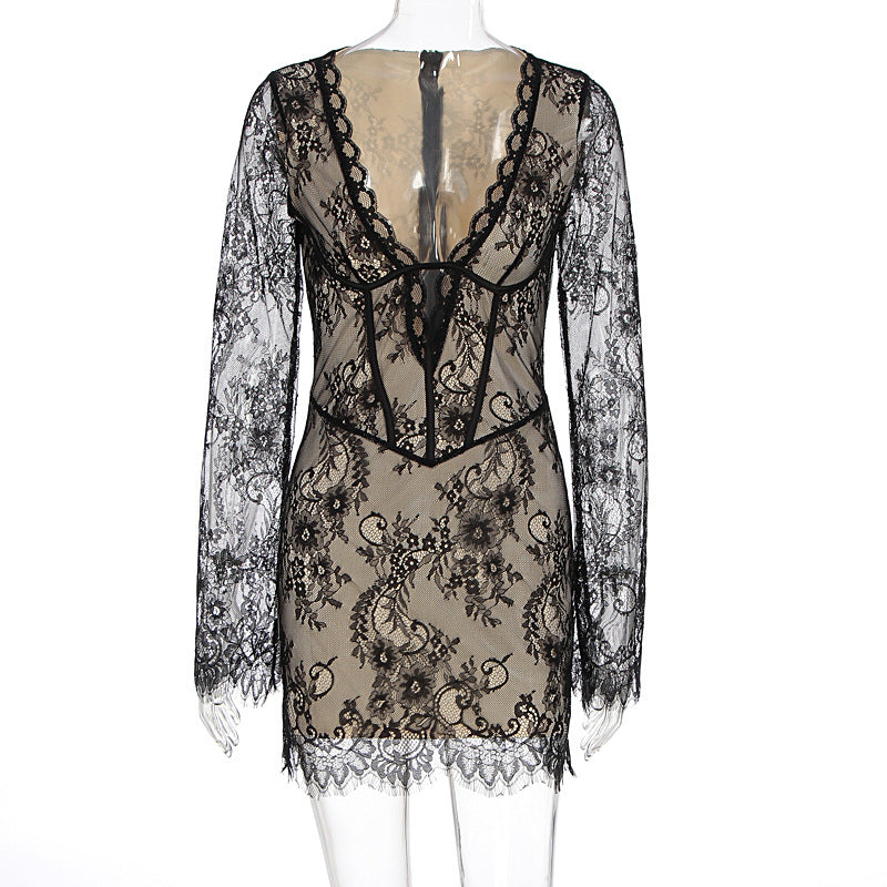 Women Clothing Autumn Sexy Adult Lady like Woman Lace Deep V Plunge Long Sleeve Slim Hip Bag Dress Bella Mia