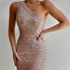 Women Clothing Pink Split Dress One Shoulder Sequ Dress Bella Mia