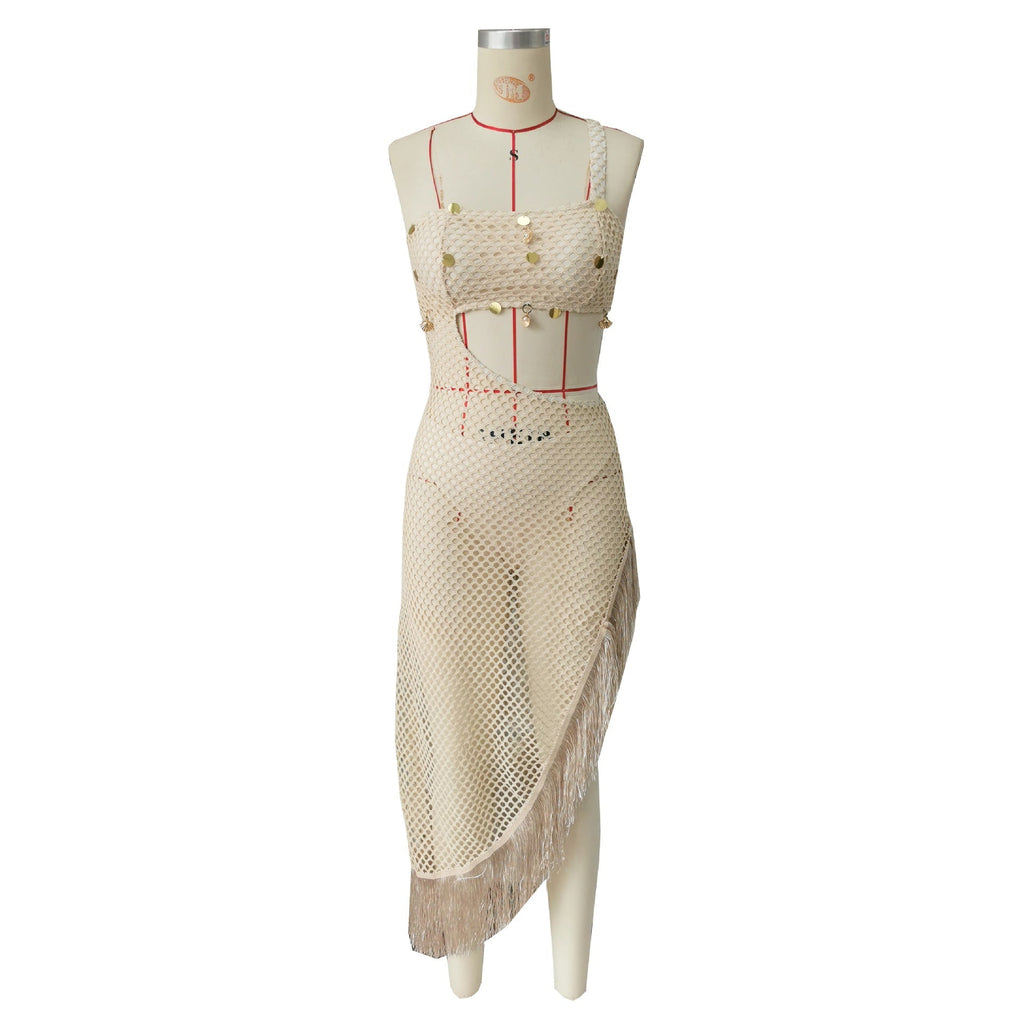 Sexy Hollow Out Cutout Beach Seaside Vacation Dress Solid Color Tassel Bella Mia