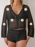 Women Lace up Cardigan Hollow Out Cutout out Woven Shirt Embroidered Floral Stitching Beach Sun Protection Long Sleeved Blouse Casual Coat Bella Mia